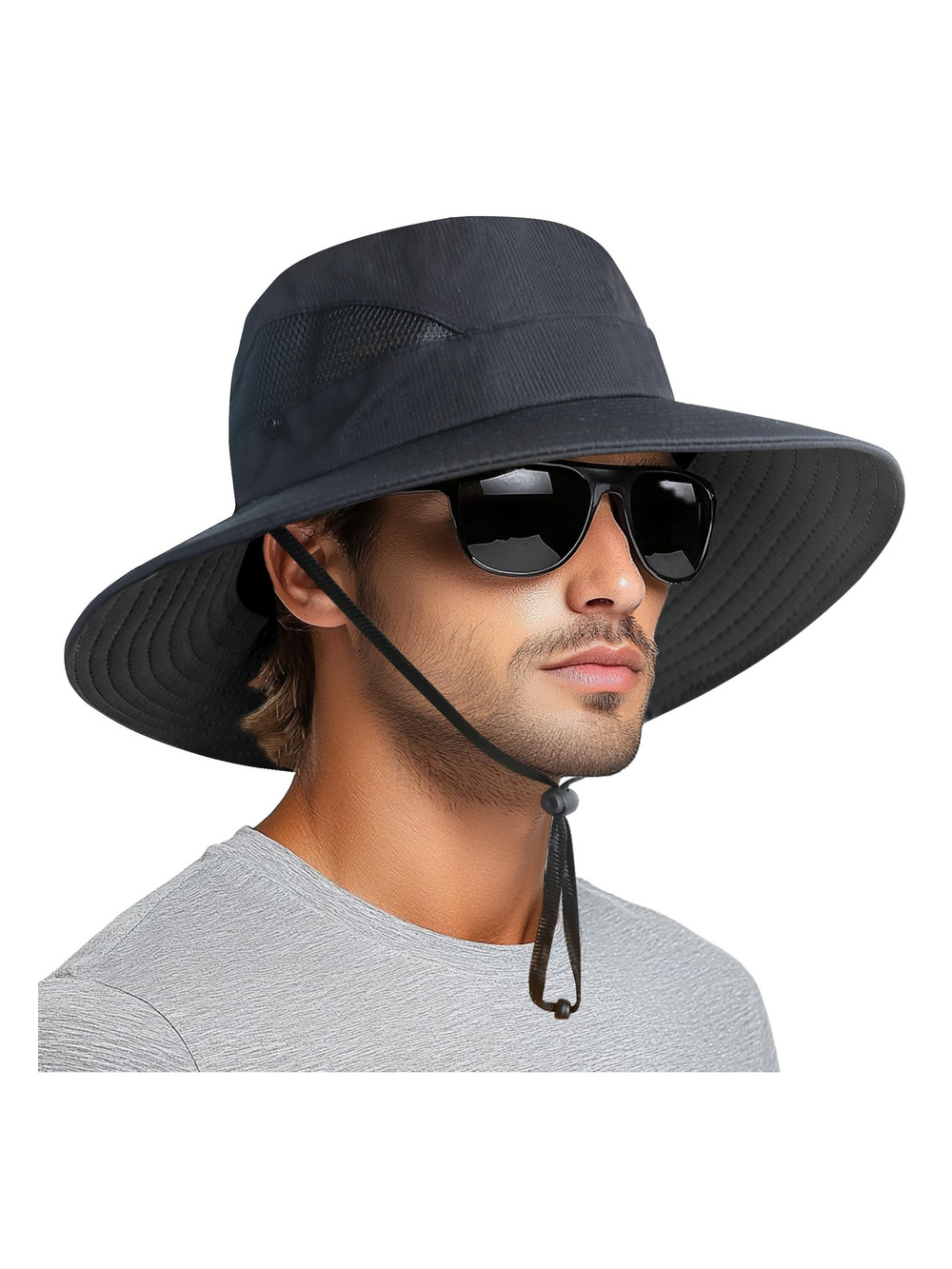 Sun Hats for Men Women Wide Brim Bucket Hat UPF | Black (With Mesh) | Size OS
